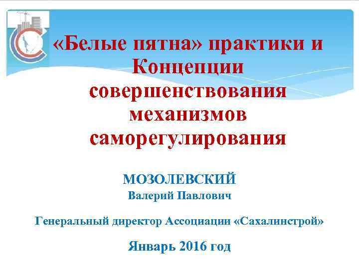  «Белые пятна» практики и Концепции совершенствования механизмов саморегулирования МОЗОЛЕВСКИЙ Валерий Павлович Генеральный директор
