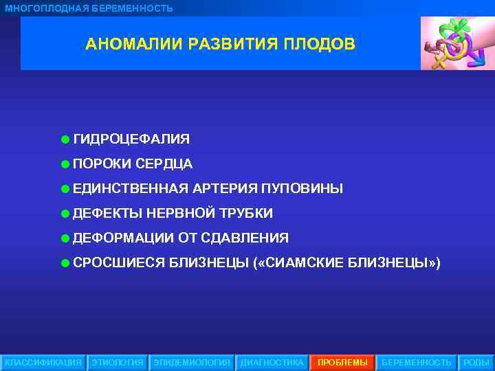 МНОГОПЛОДНАЯ БЕРЕМЕННОСТЬ АНОМАЛИИ РАЗВИТИЯ ПЛОДОВ =ГИДРОЦЕФАЛИЯ =ПОРОКИ СЕРДЦА =ЕДИНСТВЕННАЯ АРТЕРИЯ ПУПОВИНЫ =ДЕФЕКТЫ НЕРВНОЙ ТРУБКИ