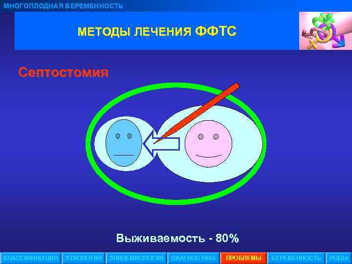 МНОГОПЛОДНАЯ БЕРЕМЕННОСТЬ МЕТОДЫ ЛЕЧЕНИЯ ФФТС Септостомия Выживаемость - 80% КЛАССИФИКАЦИЯ ЭТИОЛОГИЯ ЭПИДЕМИОЛОГИЯ ДИАГНОСТИКА ПРОБЛЕМЫ