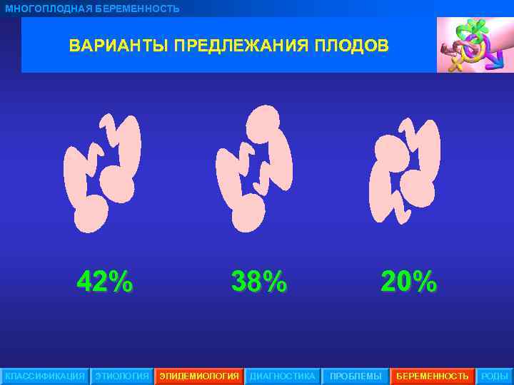 МНОГОПЛОДНАЯ БЕРЕМЕННОСТЬ ВАРИАНТЫ ПРЕДЛЕЖАНИЯ ПЛОДОВ 42% КЛАССИФИКАЦИЯ ЭТИОЛОГИЯ 38% ЭПИДЕМИОЛОГИЯ ДИАГНОСТИКА 20% ПРОБЛЕМЫ БЕРЕМЕННОСТЬ