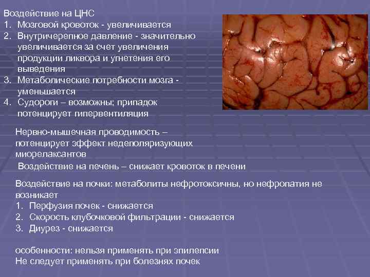 Воздействие на ЦНС 1. Мозговой кровоток - увеличивается 2. Внутричерепное давление - значительно увеличивается