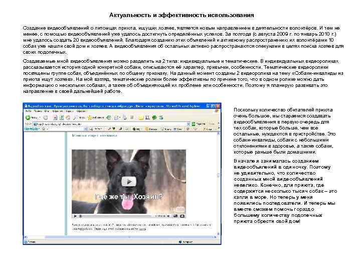 Актуальность и эффективность использования Создание видеообъявлений о питомцах приюта, ищущих хозяев, является новым направлением