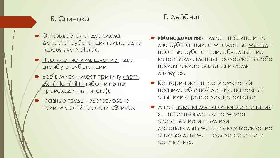 Б. Спиноза Отказывается от дуализма Декарта; субстанция только одна – «Deus sive Natura» .