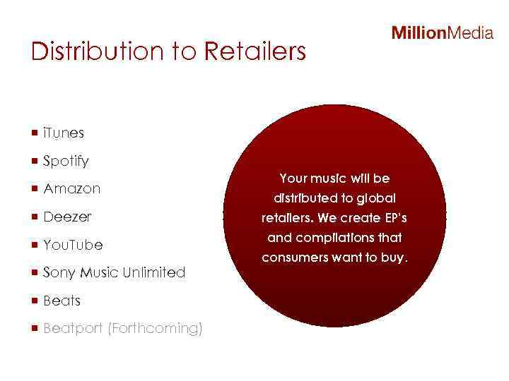 Distribution to Retailers ¡ i. Tunes ¡ Spotify ¡ Amazon ¡ Deezer ¡ You.