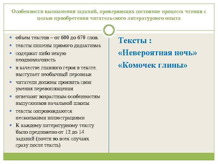 Особенности выполнения заданий, проверяющих состояние процесса чтения с целью приобретения читательского литературного опыта объем