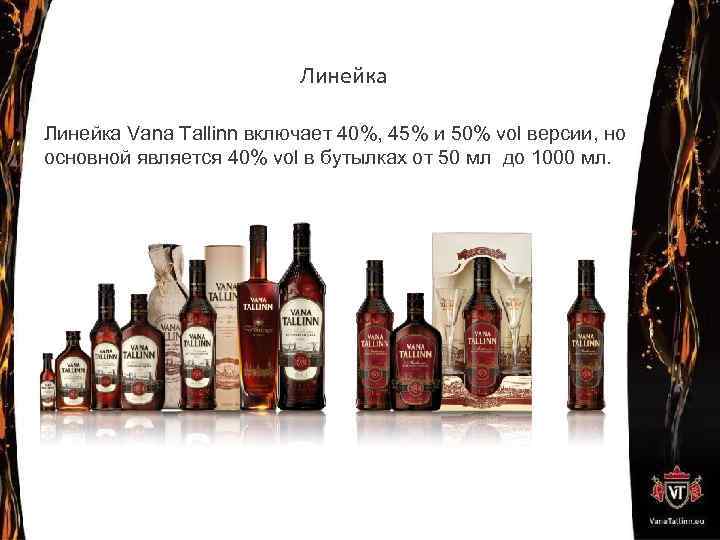 Линейка Vana Tallinn включает 40%, 45% и 50% vol версии, но основной является 40%