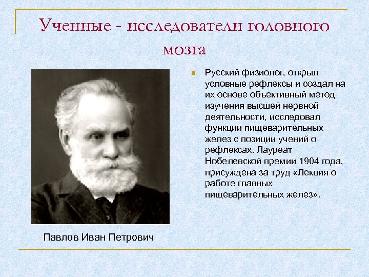 Ученные - исследователи головного мозга n Павлов Иван Петрович Русский физиолог, открыл условные рефлексы