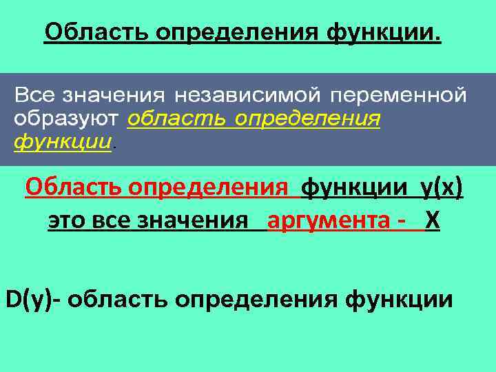 Область определения функции. Область определения функции у(х) это все значения аргумента - Х D(у)-