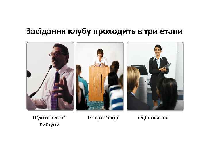 Засідання клубу проходить в три етапи Підготовлені виступи Імпровізації Оцінювання 