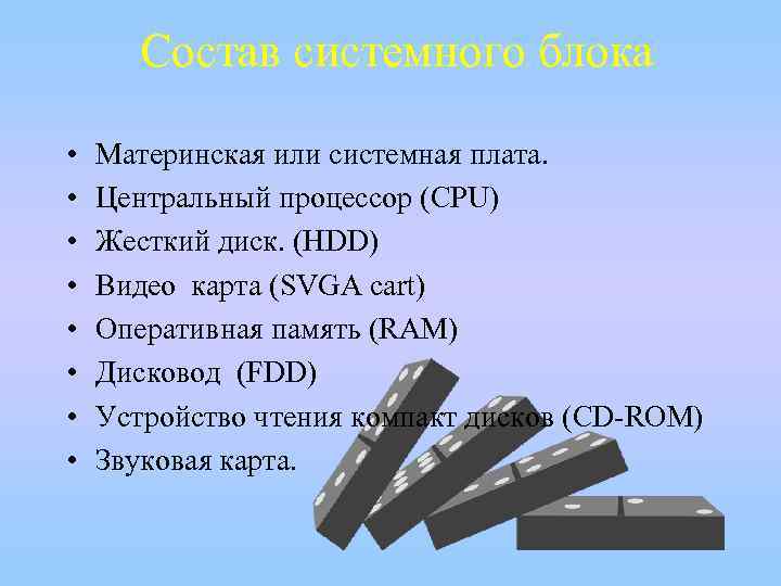 Состав системного блока • • Материнская или системная плата. Центральный процессор (CPU) Жесткий диск.