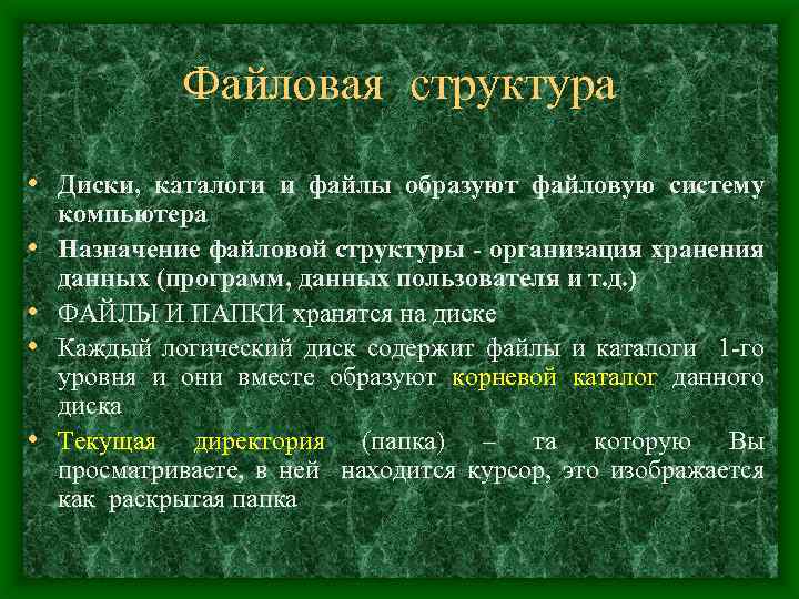 Файловая структура • Диски, каталоги и файлы образуют файловую систему • • компьютера Назначение