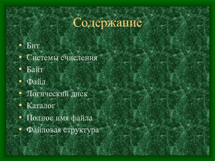 Содержание • • Бит Системы счисления Байт Файл Логический диск Каталог Полное имя файла