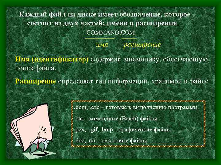 Каждый файл содержит. Файл имеет обозначение состоящее из двух частей. Каждый файл имеет только имя имя и расширение только расширение. Каждый файл имеет. Каждый файл имеет собственное имя и.