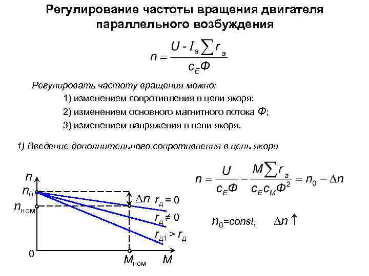 Регулирование частоты вращения двигателя параллельного возбуждения Регулировать частоту вращения можно: 1) изменением сопротивления в