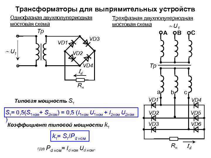 Трансформаторы для выпрямительных устройств Однофазная двухполупериодная мостовая схема Тр 1 A VD 3 VD