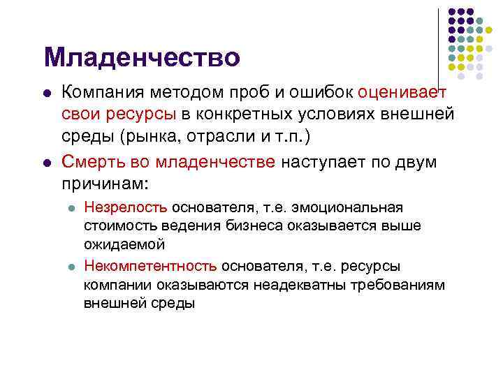 Младенчество l l Компания методом проб и ошибок оценивает свои ресурсы в конкретных условиях