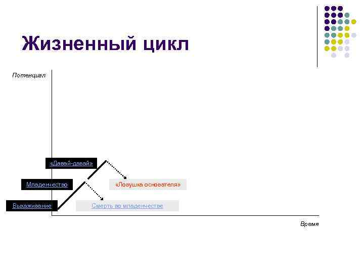 Жизненный цикл Потенциал «Давай-давай» Младенчество Выхаживание «Ловушка основателя» Смерть во младенчестве Время 