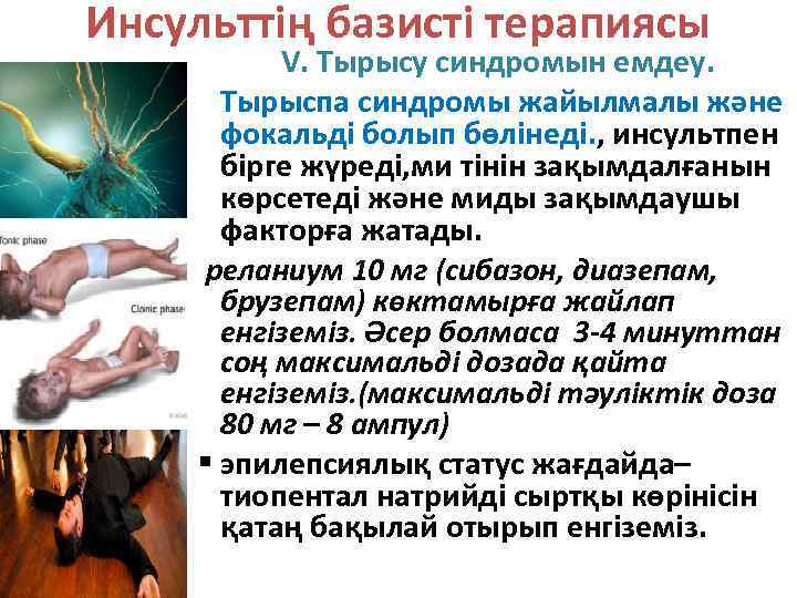 Инсульттің базисті терапиясы V. Тырысу синдромын емдеу. Тырыспа синдромы жайылмалы және фокальді болып бөлінеді.