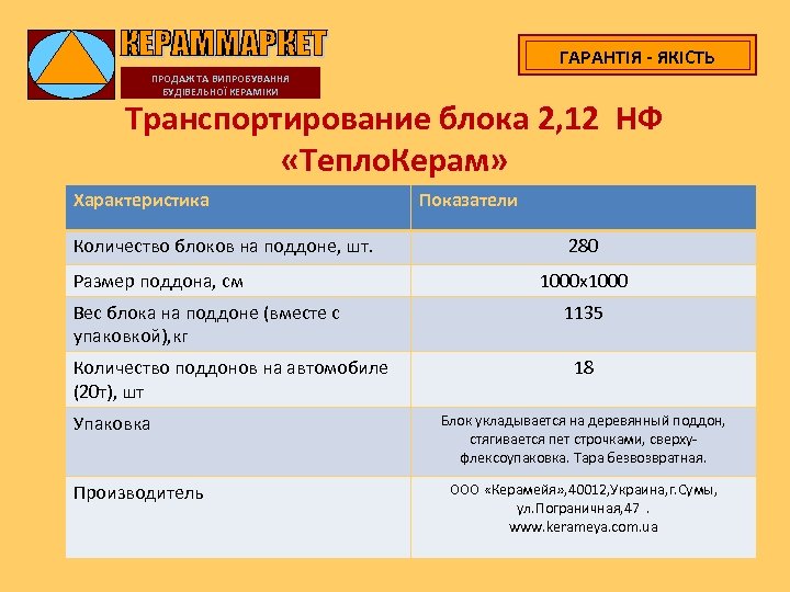 ГАРАНТІЯ - ЯКІСТЬ ПРОДАЖ ТА ВИПРОБУВАННЯ БУДІВЕЛЬНОЇ КЕРАМІКИ Транспортирование блока 2, 12 НФ «Тепло.