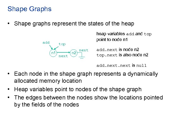 Shape Graphs • Shape graphs represent the states of the heap add heap variables