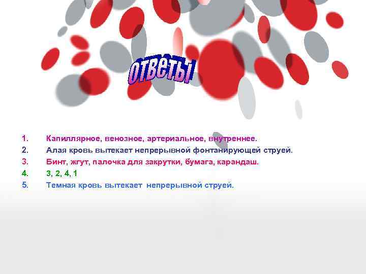 1. 2. 3. 4. 5. Капиллярное, венозное, артериальное, внутреннее. Алая кровь вытекает непрерывной фонтанирующей