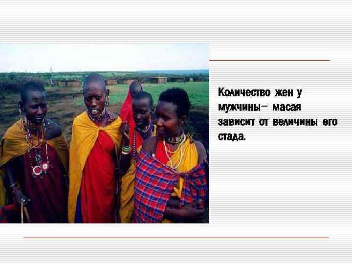 Количество жен у мужчины- масая зависит от величины его стада. 