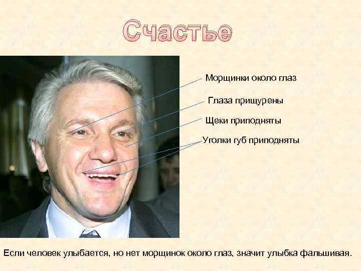 Счастье Морщинки около глаз Глаза прищурены Щеки приподняты Уголки губ приподняты Если человек улыбается,