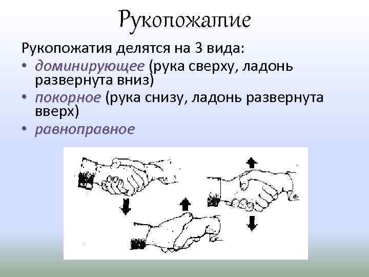Рукопожатие Рукопожатия делятся на 3 вида: • доминирующее (рука сверху, ладонь развернута вниз) •