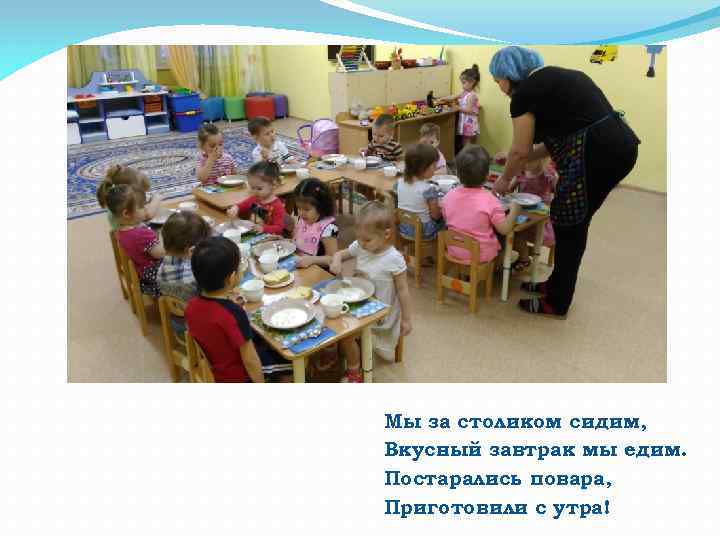 Мы за столиком сидим, Вкусный завтрак мы едим. Постарались повара, Приготовили с утра! 
