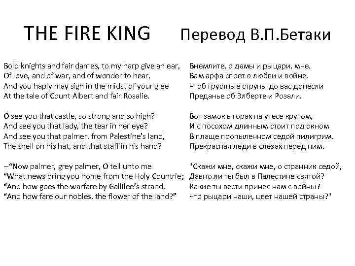 THE FIRE KING Перевод В. П. Бетаки Bold knights and fair dames, to my