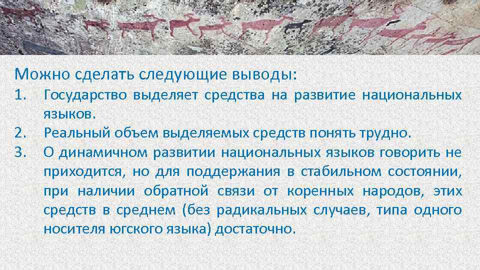 Можно сделать следующие выводы: 1. 2. 3. Государство выделяет средства на развитие национальных языков.