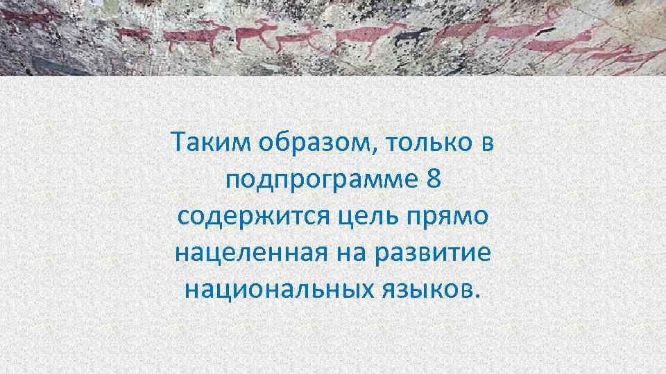 Таким образом, только в подпрограмме 8 содержится цель прямо нацеленная на развитие национальных языков.