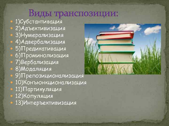 Виды транспозиции: 1)Субстантивация 2)Адъективизация 3)Нумерализация 4)Адвербализация 5)Предикативация 6)Проминолизация 7)Вербализация 8)Модаляция 9)Препозиционализация 10)Конъюнкционализация 11)Партикуляция 12)Копуляция