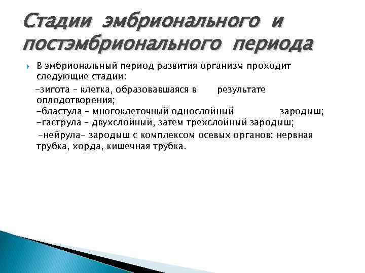 Стадии эмбрионального и постэмбрионального периода В эмбриональный период развития организм проходит следующие стадии: -зигота