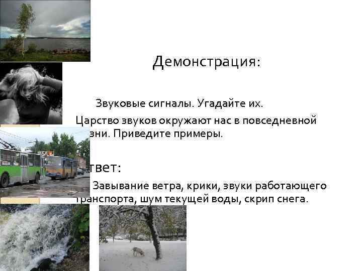Демонстрация: Звуковые сигналы. Угадайте их. Царство звуков окружают нас в повседневной жизни. Приведите примеры.