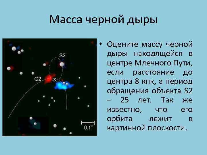 Масса черной дыры • Оцените массу черной дыры находящейся в центре Млечного Пути, если