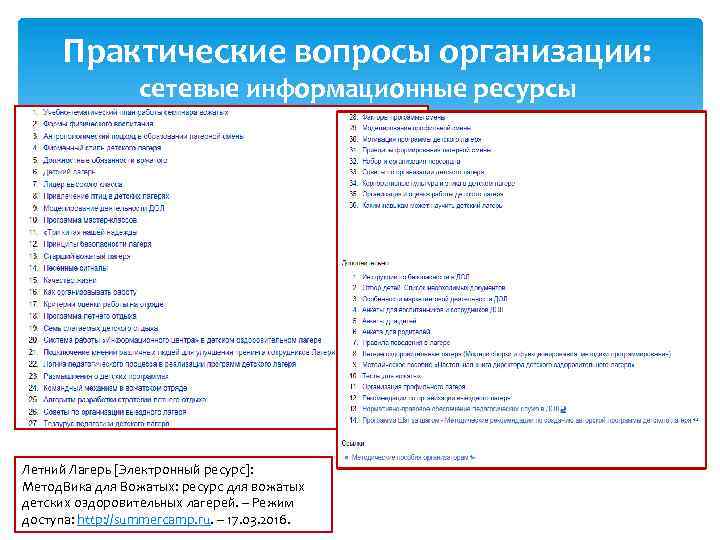 Практические вопросы организации: сетевые информационные ресурсы Летний Лагерь [Электронный ресурс]: Метод. Вика для Вожатых: