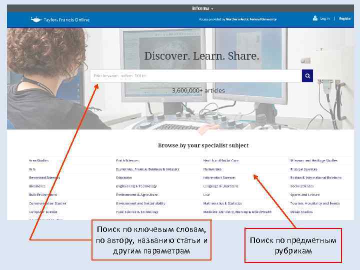 Поиск по ключевым словам, по автору, названию статьи и другим параметрам Поиск по предметным