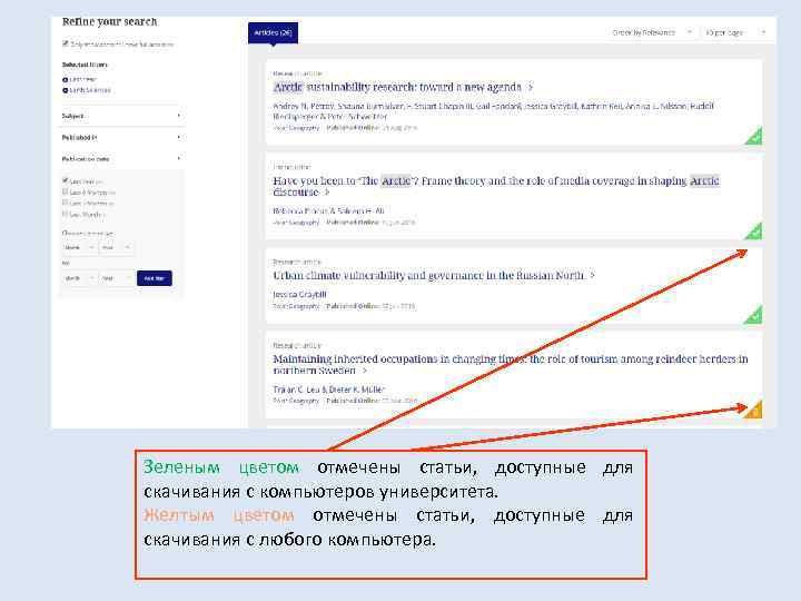 Зеленым цветом отмечены статьи, доступные для скачивания с компьютеров университета. Желтым цветом отмечены статьи,