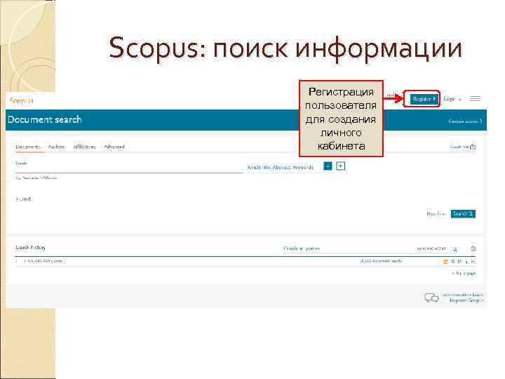 Scopus: поиск информации Регистрация пользователя для создания личного кабинета 