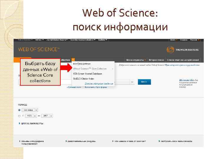 Web of Science: поиск информации Выбрать базу данных «Web of Science Core collection» 