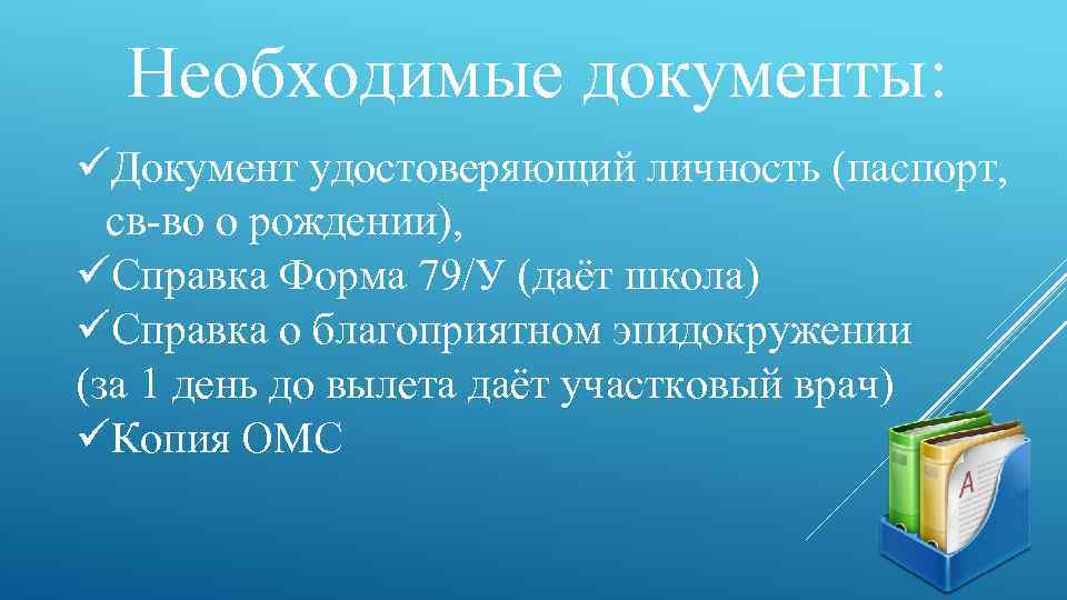 Необходимые документы: Документ удостоверяющий личность (паспорт, св-во о рождении), Справка Форма 79/У (даёт школа)