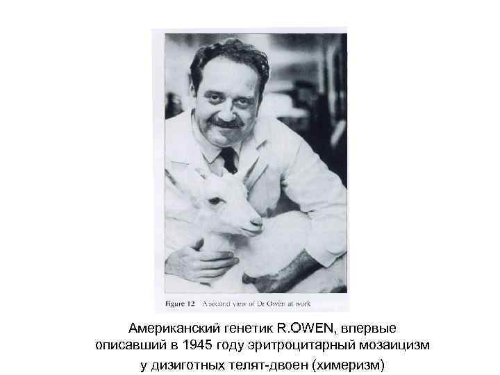 Американский генетик R. OWEN, впервые описавший в 1945 году эритроцитарный мозаицизм у дизиготных телят-двоен