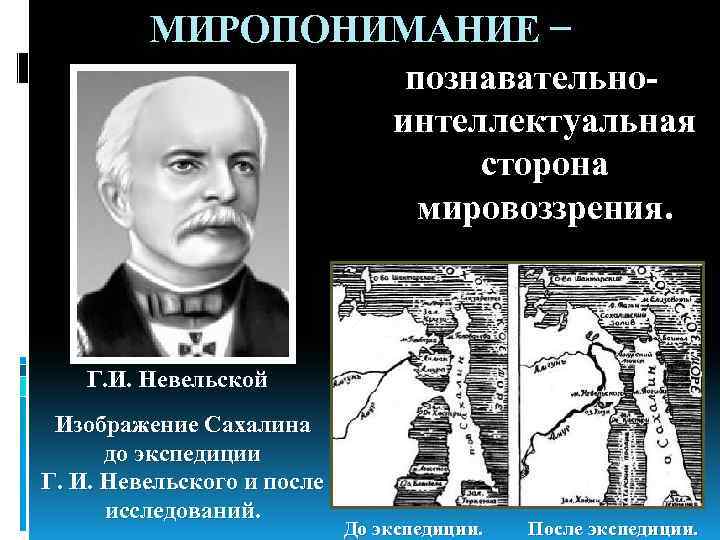 МИРОПОНИМАНИЕ − познавательноинтеллектуальная сторона мировоззрения. Г. И. Невельской Изображение Сахалина до экспедиции Г. И.