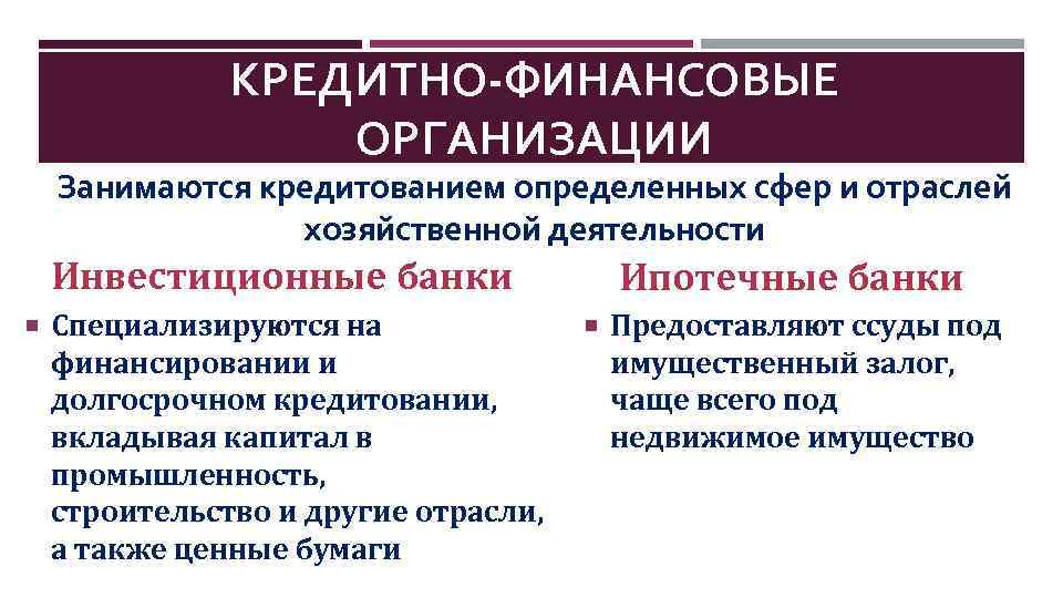 КРЕДИТНО-ФИНАНСОВЫЕ ОРГАНИЗАЦИИ Занимаются кредитованием определенных сфер и отраслей хозяйственной деятельности Инвестиционные банки Специализируются на