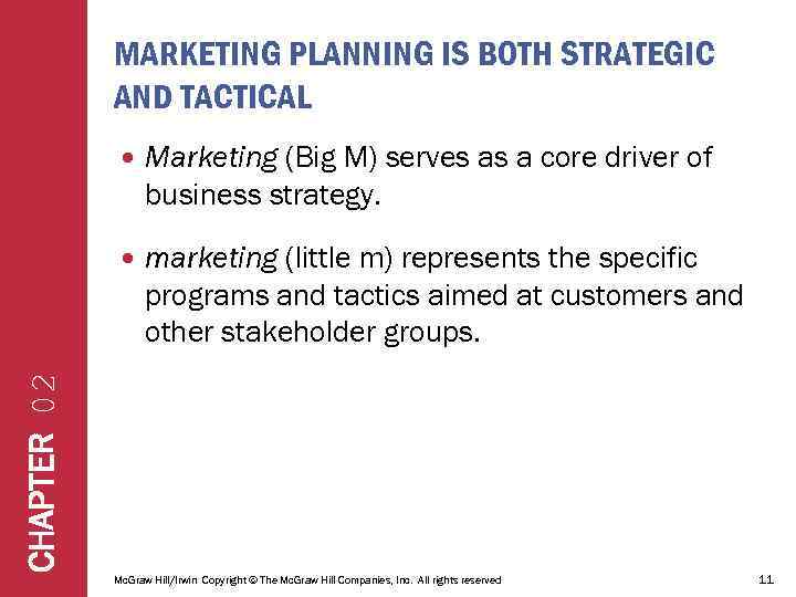 MARKETING PLANNING IS BOTH STRATEGIC AND TACTICAL Marketing (Big M) serves as a core