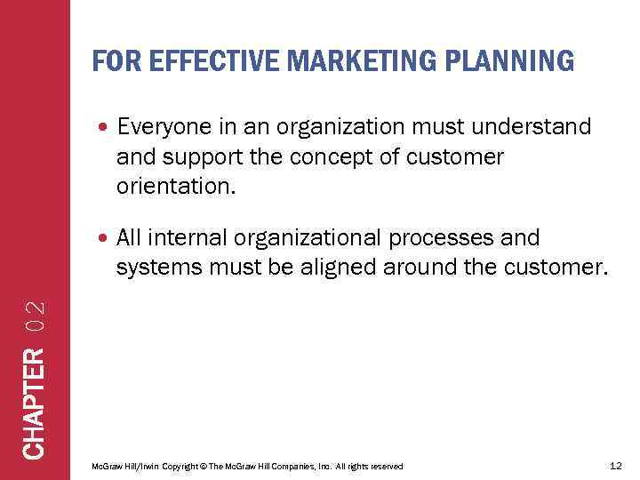 FOR EFFECTIVE MARKETING PLANNING Everyone in an organization must understand support the concept of