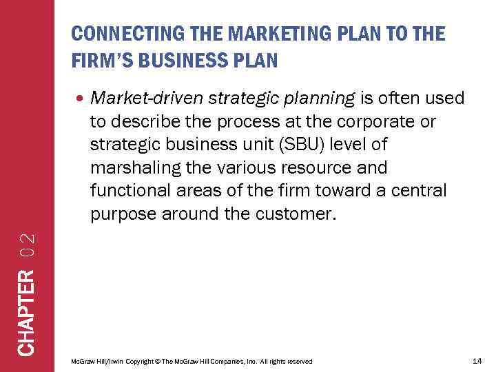 CONNECTING THE MARKETING PLAN TO THE FIRM’S BUSINESS PLAN Market-driven strategic planning is often