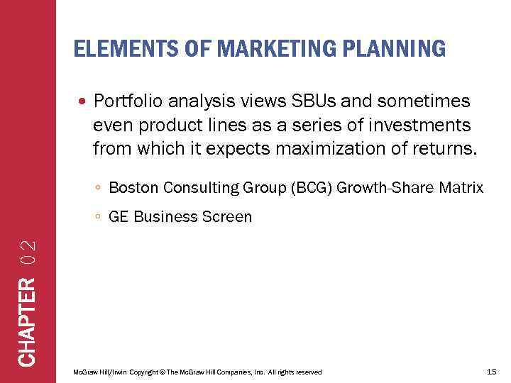 ELEMENTS OF MARKETING PLANNING Portfolio analysis views SBUs and sometimes even product lines as