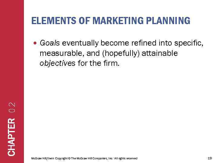 ELEMENTS OF MARKETING PLANNING Goals eventually become refined into specific, measurable, and (hopefully) attainable